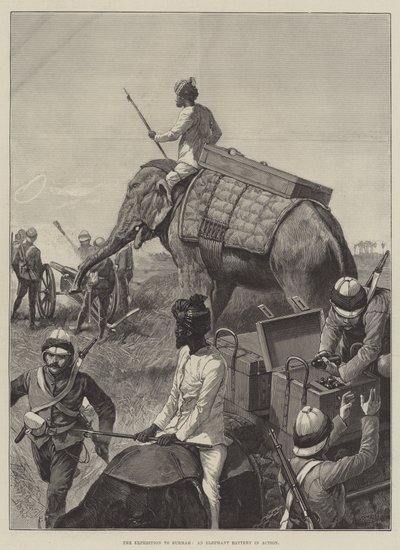 La expedición a Birmania, una batería de elefantes en acción de Richard Caton Woodville junior